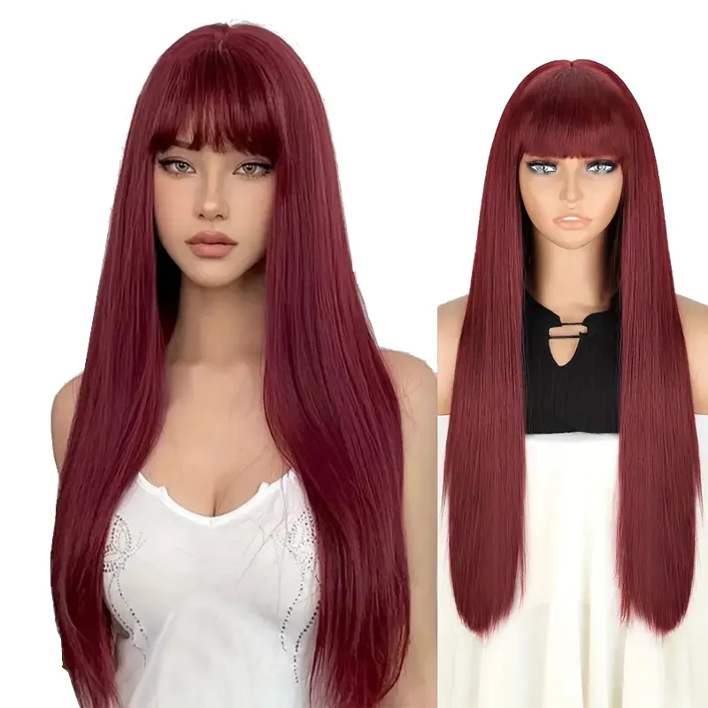 28 Inches Long Straight Synthetic Black Wig With Bangs Heat Resistant Wigs Cosplay Dress Up Hair Styling