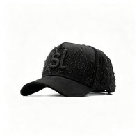 Casquettes Snapback en velours côtelé noir, broderie de lettres, monochromes, déstructurées, avec appliques flamme effilochées, vente en gros