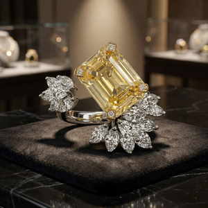 Luxury Women 18K <b>Gold</b> <b>Cocktail</b> <b>Ring</b> With Emerald Cut Yellow Diamond Flower Design - Product Image 2