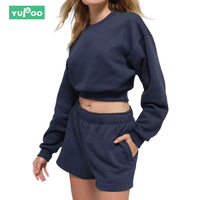 Femmes ensemble assorti 2 pièces lounge set 100% coton polaire survêtement sweat col rond short automne uni