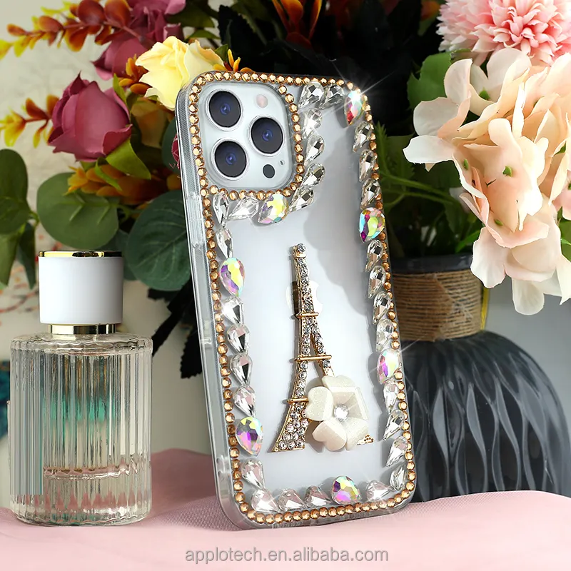 Luxury Shinny And Bling Gem Rhinestone Phone Case Eiffel Tower Style Diamond Protective Back Cover Case For Iphone13 14 Pro Max