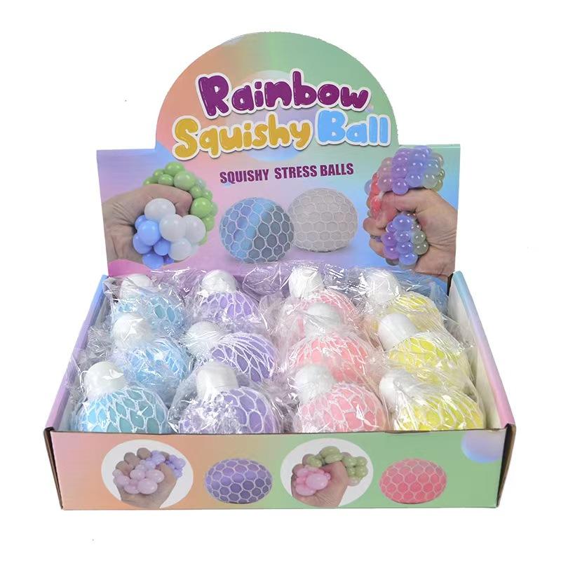 Kids Anti-Stress Fidget Toy Hand Bead Stress Ball Rubber Squeeze Mesh Glitter Grape Ball Sensory Squishy Squeeze Toys for Girls