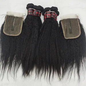 Letsfly-Paquete de cabello humano rizado con cierre, parte en T, venta al por mayor, Yaki, extensión de cabello malayo, envío gratis