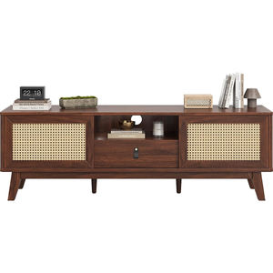 Meuble TV moderne du milieu du siècle en bois avec tiroir et 2 armoires, support TV en rotin noyer foncé pour salon - Product Image 1