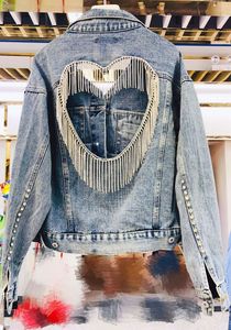 Automne hiver décontracté femmes en forme de coeur gland Jean manteau manches longues poche col rabattu diamant Denim veste pour les femmes - Product Image 6