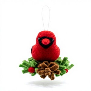 Handmade Eco-Friendly 100% Certified Wool Felt Cardinal Bird Christmas Ornament Holly <b>Pinecone</b> Decor Wall Hanging Traditional - Product Image 2