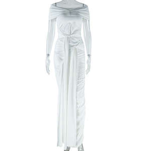 Produttori di <span class=keywords><strong>abbigliamento</strong></span> Casual bianco Off the spalla abiti Midi vita manica corta tinta unita nastro temperamento per le donne - Product Image 3