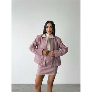 เสื้อแจ็คเก็ตสั้นซิปสำหรับผู้หญิง ลายก้างปลา สีชมพูกุหลาบ - Product Image 1