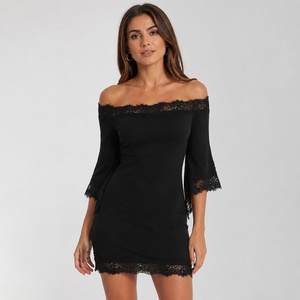 Vestido Mini Ajustado de Mujer con Hombros Descubiertos, Ribete de Encaje, Manga 3/4, Color Sólido, Cintura Natural, Elegante y Casual para Verano - Product Image 6