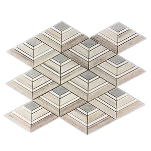 壁タイルインテリア新デザイン木製クリスタル混合白大理石菱形モザイク床