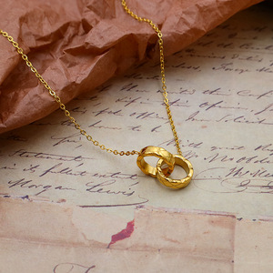 European American Style Gold Double Ring <b>Interlocking</b> Couple Pendant <b>Necklace</b> Titanium Steel Gold Plated Korean Fashion Gift - Product Image 3