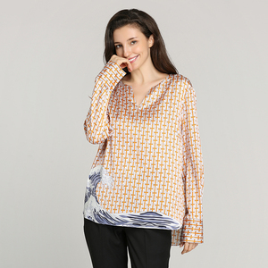 Alta calidad preferido naranja impreso seda cuello en V <span class=keywords><strong>manga</strong></span> larga clásico de oficina t camisa blusa - Product Image 3