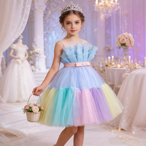 Girls Colorful <b>Patchwork</b> Princess Dress Sleeveless Bow Tutu <b>Skirt</b> Party Performance Dress - Product Image 3