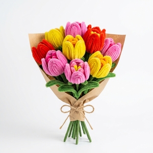 Fleurs artisanales de luxe en chenille, bouquet DIY en fil de chenille, tulipes et roses éternelles pour la décoration intérieure, les anniversaires et les fournitures d'artisanat - Product Image 2