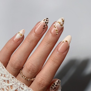 BTArtbox Uñas Postizas Estilo Francés, Almendradas, Hechas a Mano, de Lujo, 3D, de Gel Suave, con Diseño de Leopardo, Uñas Falsas a Presión - Product Image 1