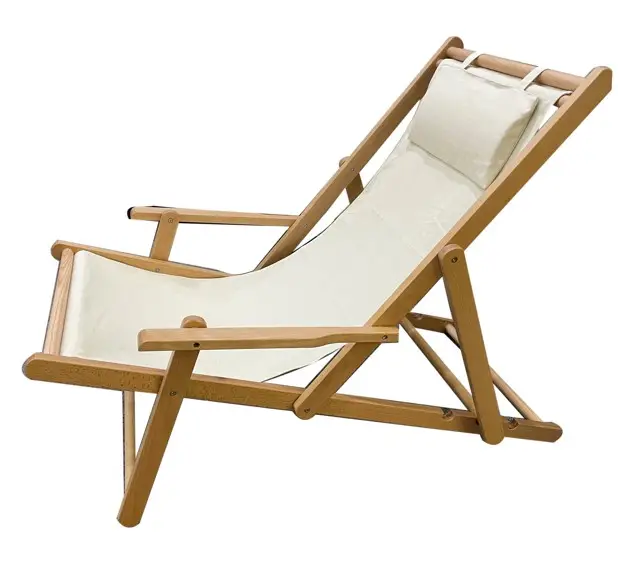 Bella sedia a tracolla da spiaggia pieghevole in legno con sedia a sdraio con braccioli