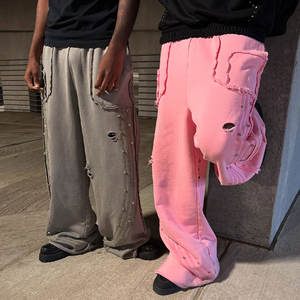 Huili 하이 스트리트 고민 워시 찢어진 스웨트 팬츠 남성 맞춤형 스트라이프 트리밍 라인 석 대형 와이드 레그 헐렁한 스웨트 팬츠 - Product Image 2