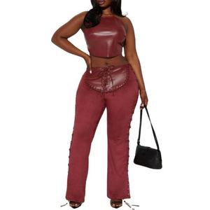 Nouvelle Arrivée Automne – Pantalon en Cuir Skinny Femme de Haute Qualité, Sexy, à Cordon de Serrage, Fendu, Taille Basse, Coupe Évasée - Product Image 5