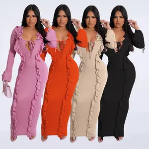 T3196 - fashion maxi dress ladies ruffle solid color bandage rib knit v neck women bodycon dress