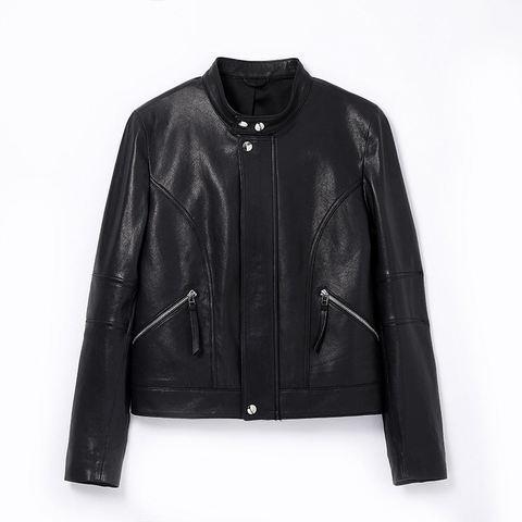 4264-1 2026  New Arrivals Women Clothes  Women's Fashion Stand-up Collar Motorcycle Style Zipper Black Sheepskin Jacket Coat