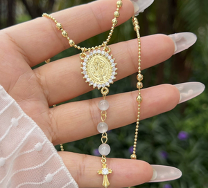 Collier vintage avec médaille <span class=keywords><strong>de</strong></span> la Vierge <span class=keywords><strong>Marie</strong></span> catholique, perles <span class=keywords><strong>de</strong></span> jade <span class=keywords><strong>rose</strong></span>, médaille <span class=keywords><strong>de</strong></span> Notre-Dame en zircon cubique et croix en forme <span class=keywords><strong>de</strong></span> cœur - Product Image 3