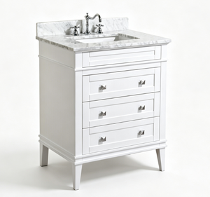 Ensemble de meuble-lavabo moderne pour salle de bain, construction en bois massif, finition laquée, dessus en marbre, égouttoir en acier inoxydable, miroir en céramique - Product Image 1