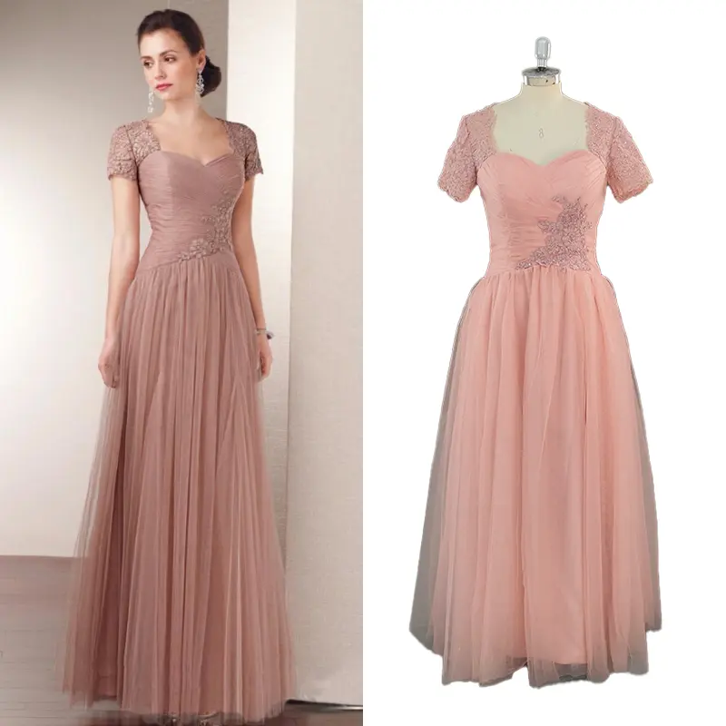 Elegant Mother of the Bride Dresses for Weddings Lace Short Sleeves Zipper Back Prom Evening Wear Long Tulle A Line Party Gowns