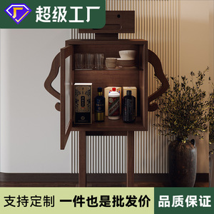 Solid Wood <b>Mini</b> Wine Cabinet With Glass Door <b>Robot</b> Design For Home Bar Storage - Product Image 1