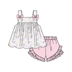 GSSO3440 Conjunto de Ropa para Niña Pequeña, Diseño Personalizado, Azul Sólido con Estampado a Cuadros Verde, Venta al Por Mayor, Manga Corta - Product Image 2