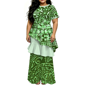 Blusa com Estampa Tribal Amarela Dourada para Mulheres das Ilhas do Pacífico com Logo Personalizado e Saia Maxi Longa com Camada de Renda Amarela - Product Image 2