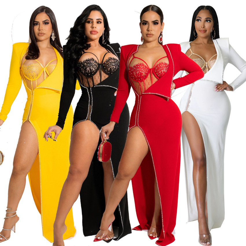 Fashionable Rhinestone Decoration Side Slit Nightclub Dress Long Sleeve Solid Color Bodycon Dress Women Party Dresses