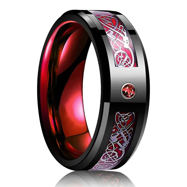 Fashion 8mm Men Red Groove Beveled Edge Stainless Steel Celtic Dragon Ring Zircon Inlay Red Carbon Fibre Band Men Ring