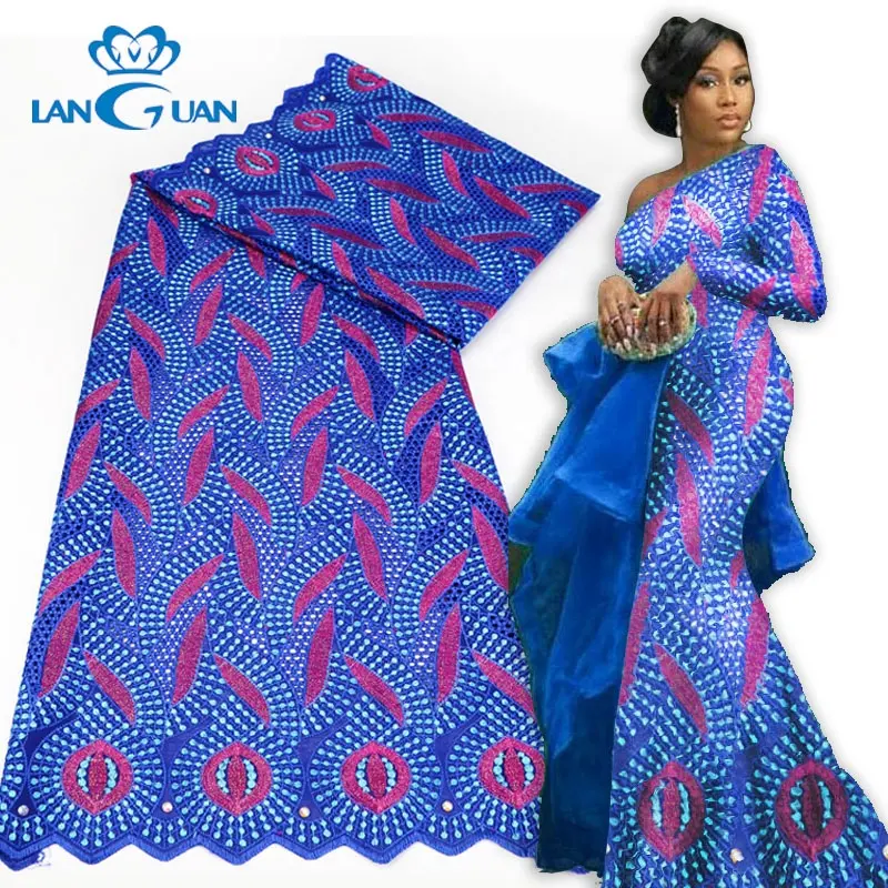 high quality rhinestone african party dress embroidery blue nigerian lace fabric 2022