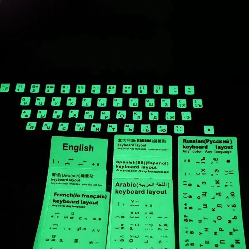 Custom Computer Laptop English Arabic Russian Language Fluorescent Glowing Keyboard Stickers, Glow In The Dark Keyboard Sticker