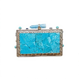 Turquoise Gemstone Mosaic Clutch Silver Frame Stone Bar Clasp Handmade Luxury Fashion Casual Soft Statement Bag for Weddings - Product Image 1
