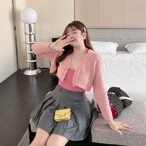 Cárdigan de punto Runqi N8713 Sweetheart para mujer, chaqueta corta de manga larga con volantes, anti-bolitas, corte ajustado, talla grande - Product Image 1