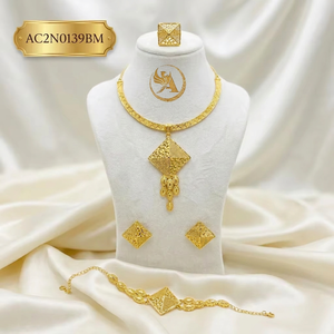Ensemble de bijoux de luxe africain plaqué or, collier, boucles d'oreilles, bracelet et bague géométriques à la mode pour femmes - Product Image 1