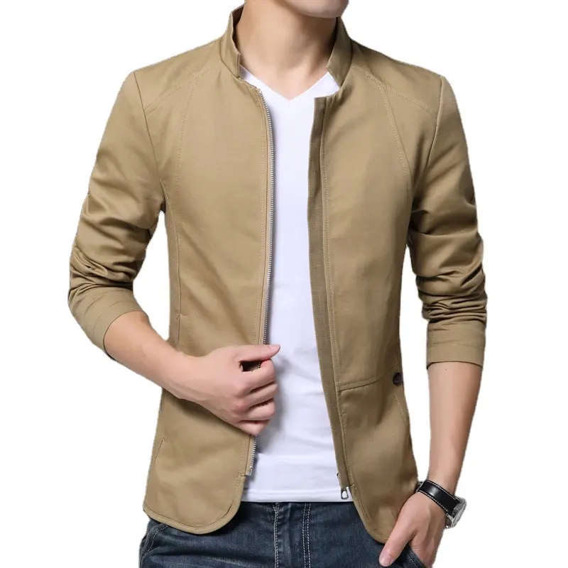 Classical Mens 100%cotton Jacket Standing Collar Jacket Coats Men Slim Fit Business Casual blazer Plus Size M-5XL Solid color