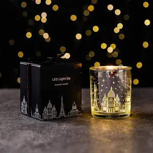 Novo Design Luxo Gold Plating Cup Céu Estrelado Vidro LED Vela Natureza Cera De Soja Private Label Velas Perfumadas