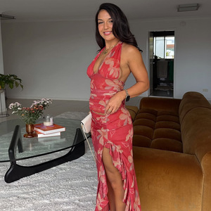 Vestido Maxi Sexy con Cuello Halter en V Profundo y Volantes para Mujer, sin Mangas, sin Espalda, de Cintura Alta, Ajustado, Estampado, para Club - Product Image 2