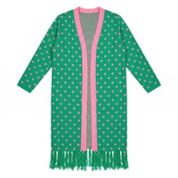 Cardigan long en maille jacquard à pois pour femme grande taille, ouvert sur le devant, avec ourlet long, style manteau-pull, bordure contrastante rose et poches