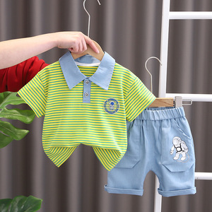 Ensemble de vêtements deux pièces pour enfants de printemps <span class=keywords><strong>Short</strong></span> court à manches longues avec revers motif imprimé solide Costume d'été pour garçons de 2 à 7 ans - Product Image 6