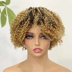 Perruques courtes bouclées afro blondes ombrées pour femmes noires, perruque afro courte avec frange, fabriquée à la machine, cheveux humains vierges indiens, coupe pixie - Product Image 1