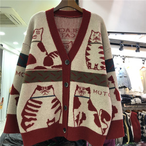 Women's Spring and Autumn Single Breasted Cartoon <strong>Cat</strong> Print Sweater Coat Loose Lazy Knit <strong>Cardigan</strong> Over Sweater - Product Image 3