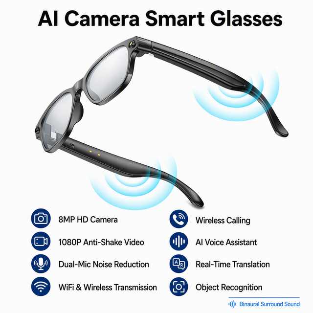 Smart Glasses 8MP High Resolution Lens Real Time Language Translation AI Voice Control 5.4 Wireless Connection Business Meeting