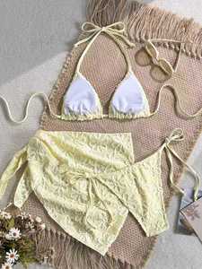 Hot Selling Yellow Floral Lace Three Piece <b>Bikini</b> Halter Triangle Cup With Mesh Wrap <b>Skirt</b> Women Swimwear Beach Vacation Trip - Product Image 4