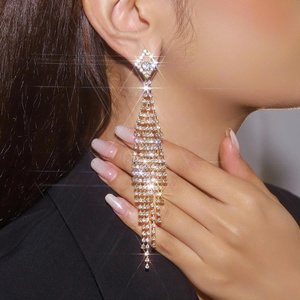 European American Trendy Classical Tassel <b>Drop</b> <b>Earrings</b> Long Rhinestone <b>Silver</b> Plated Geometric Nightclub Formal Party Main - Product Image 5
