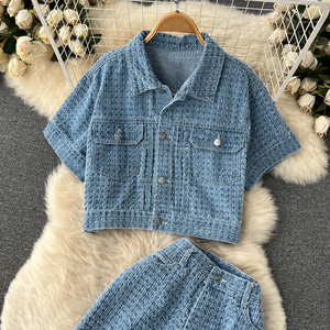 Completo in Denim da Donna: Top Corto <span class=keywords><strong>con</strong></span> Risvolto e Pantaloni a Gamba Larga a Vita Alta, Stile Retrò Casual - Product Image 6