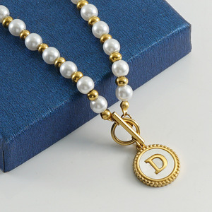 Zogxin Pearl Chain Stainless Steel 18K Gold Plated Letter Pendant Necklace For Women Everyday Wear - Product Image 3