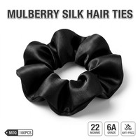 Scrunchie Sutra Hitam Kemasan Grosir, Aksesoris Rambut Elastis Mulberry untuk Wanita, Label Pribadi, Grosir, Penjepit Kuncir Kuda